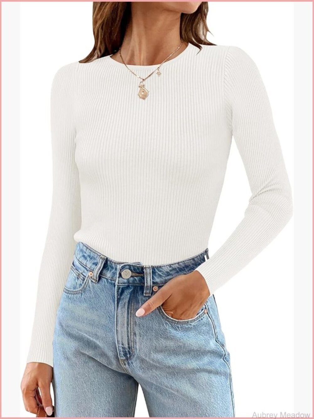 Long Sleeve Crewneck Sweater Slim Fitted Ribbed Knit Tee Pullover